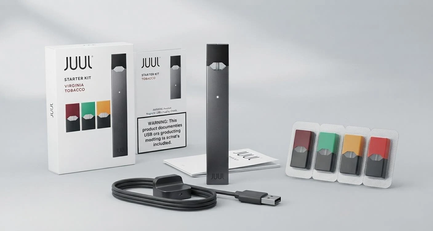 JUUL starter kit with device, charging accessory and compatible pods