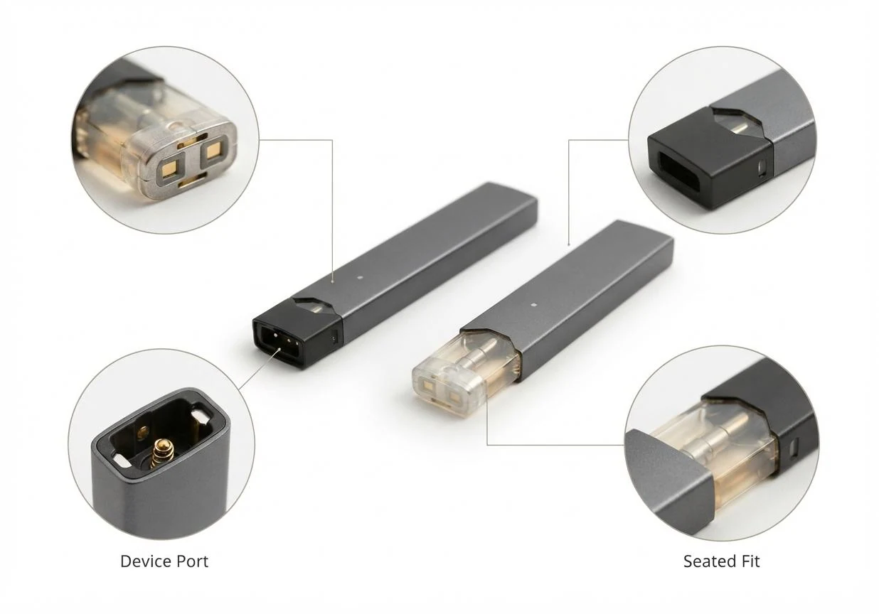 JUUL device and compatible pods showing pod compatibility differences